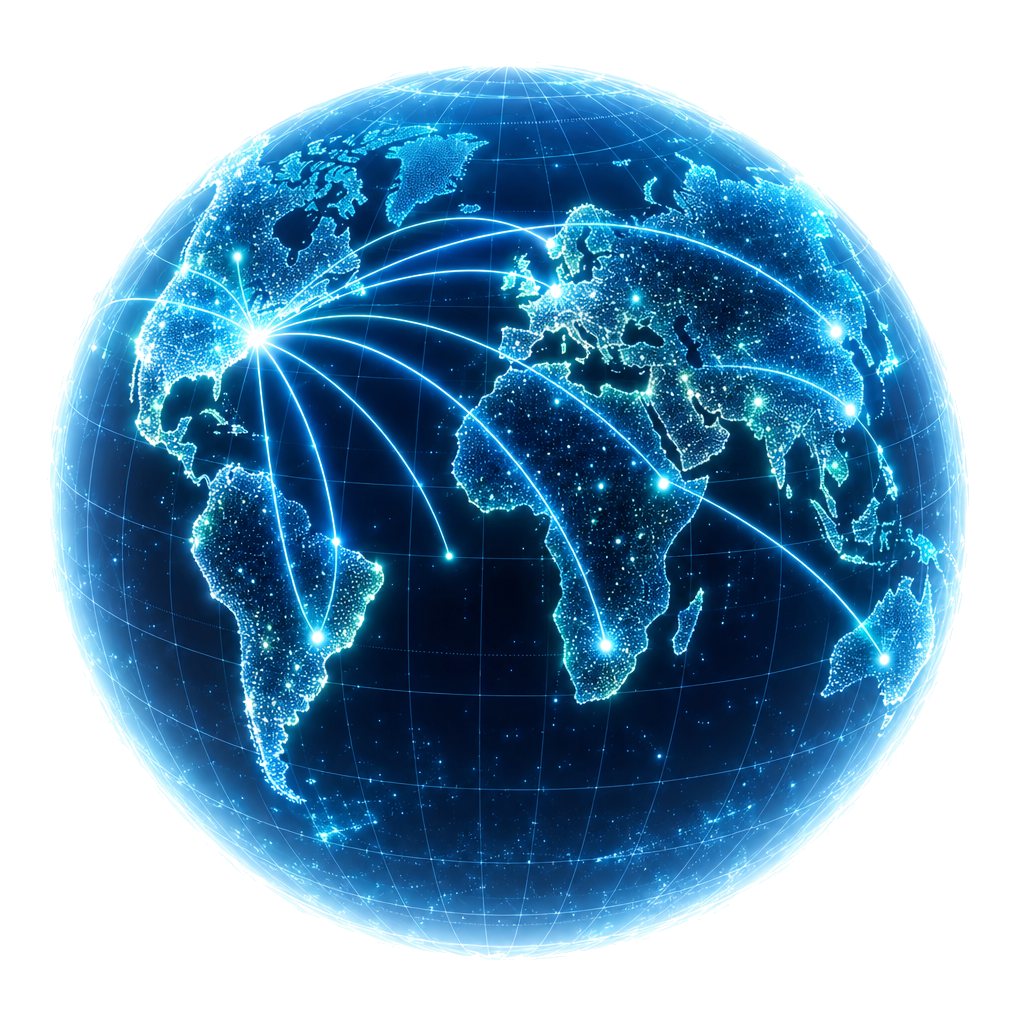 A digital globe with lines of light connecting the United States to the world